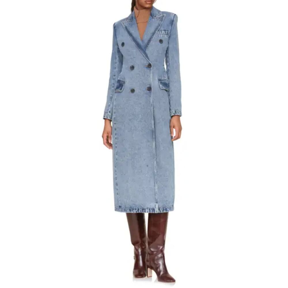 Avec Les Filles Medium Wash Denim Double Breasted Trench Coat Jacket Size Small